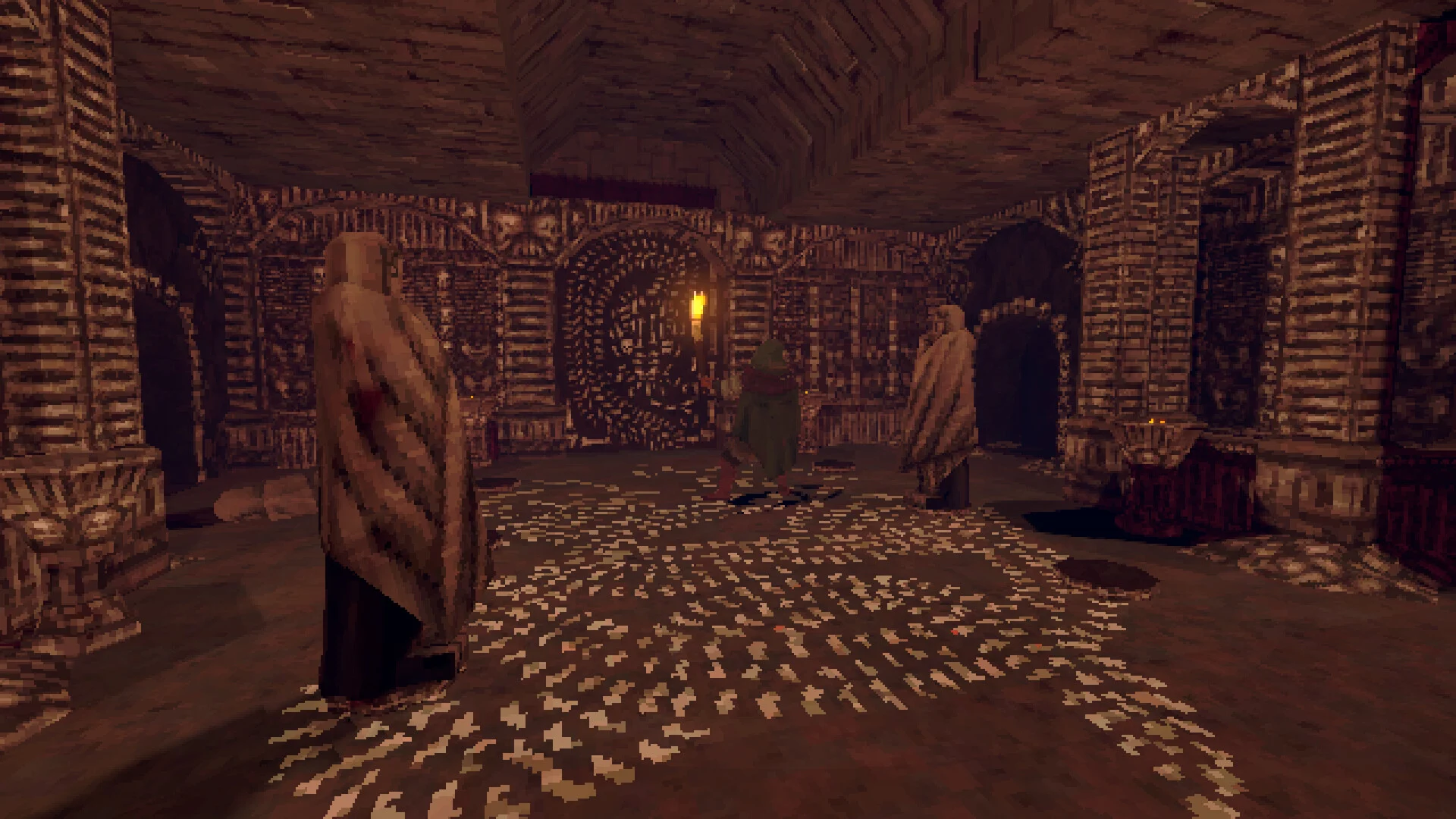 Aventureiros encapuzados atravessam uma câmara com pilares de pedra em Deep Dish Dungeon