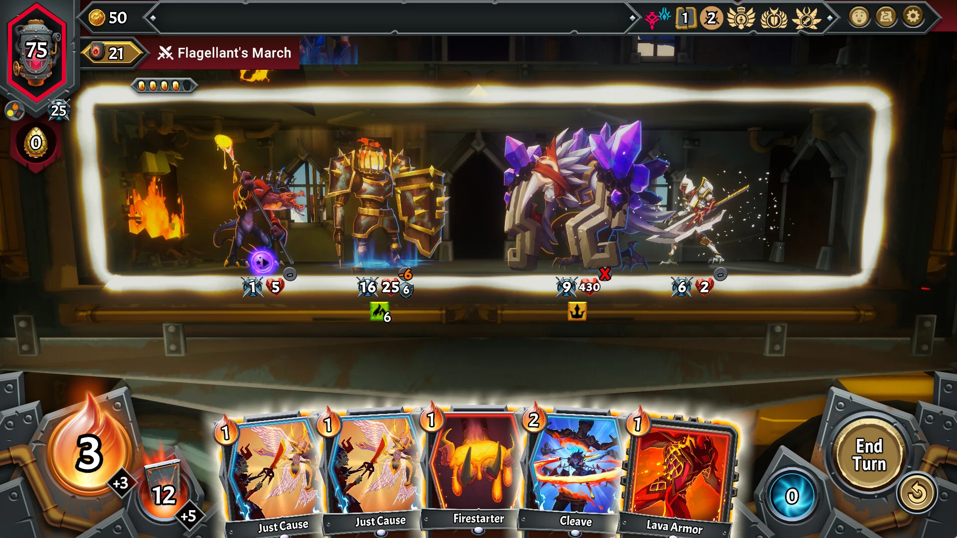 Batalha de Monster Train 2 com cartas na parte inferior e criaturas protegendo um andar do trem