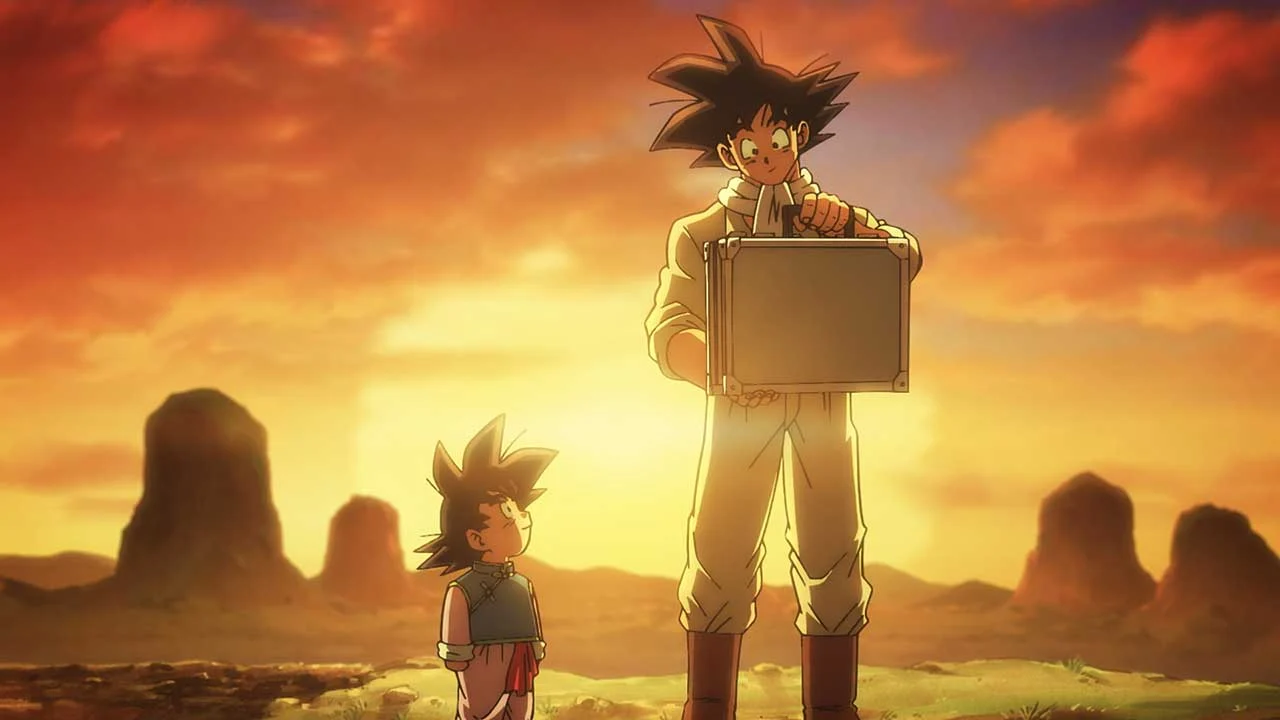 Goku e Goten em cena do primeiro episódio de Dragon Ball Super Beerus, com céu alaranjado ao fundo.