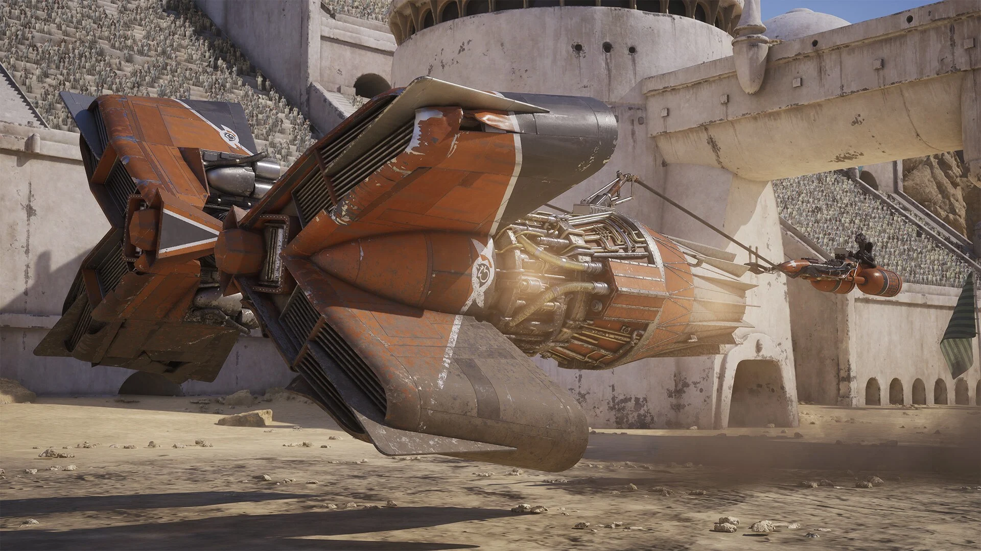 Podracer em alta velocidade durante uma prova de Star Wars Galactic Racer