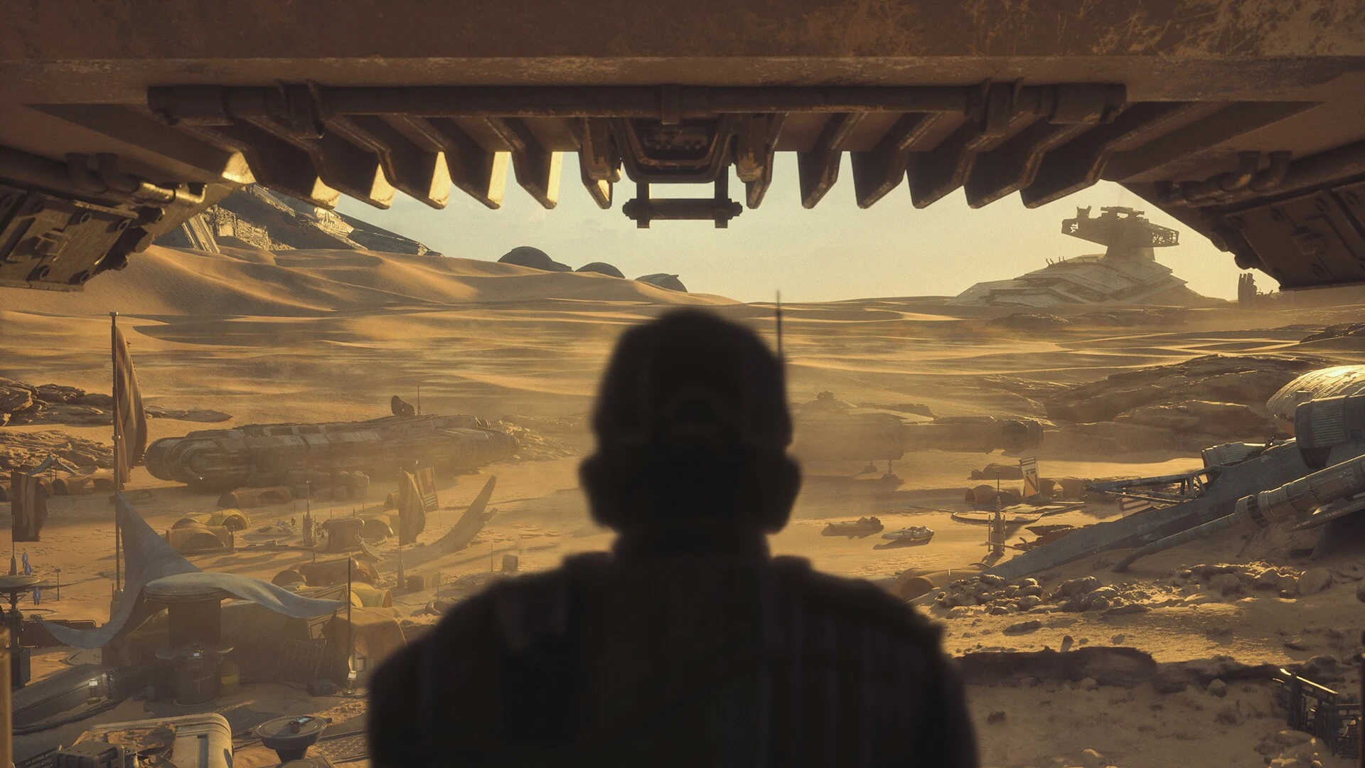 Shade observa o cenário desértico de Jakku em Star Wars Galactic Racer