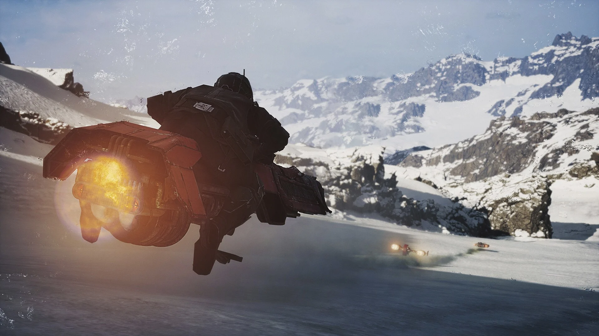 Speeder bike acelera por montanhas cobertas de neve em Star Wars Galactic Racer
