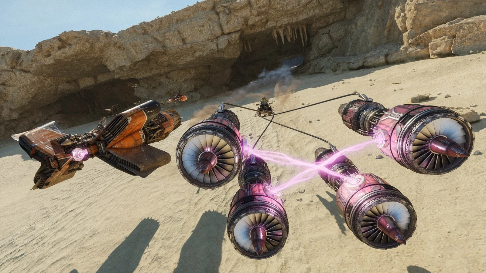 Podracers competindo em alta velocidade em Star Wars Galactic Racer