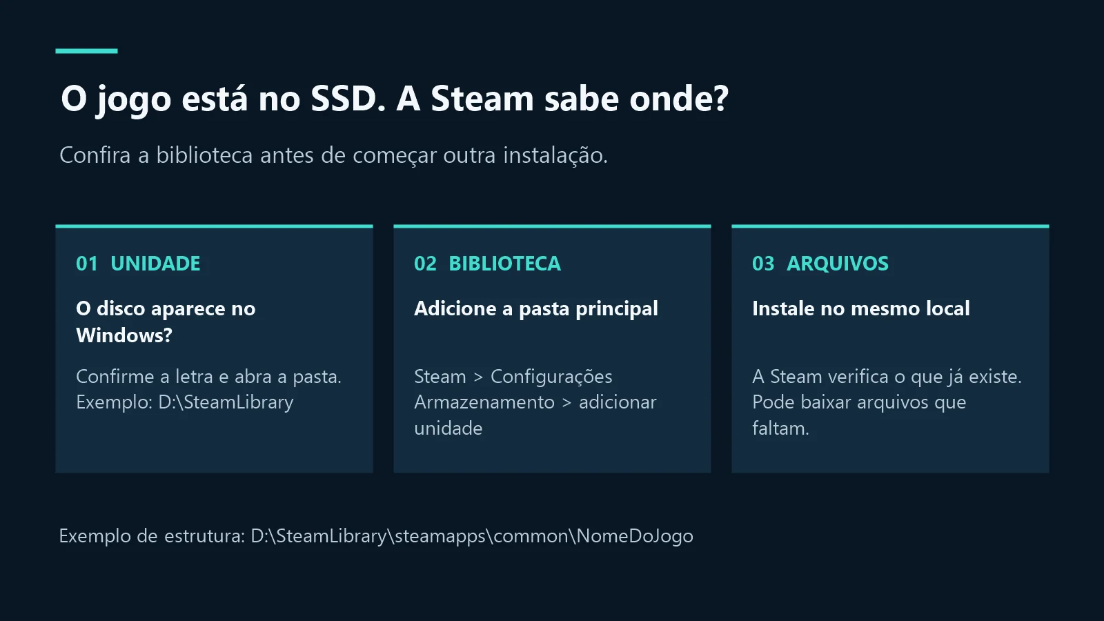 Esquema: conferir o disco, adicionar a biblioteca principal e verificar os arquivos existentes.
