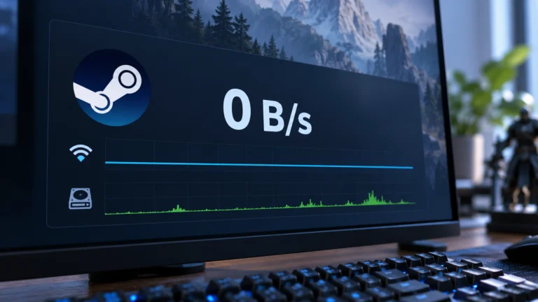Ilustração de monitor com velocidade 0 B/s e gráficos de rede e disco.