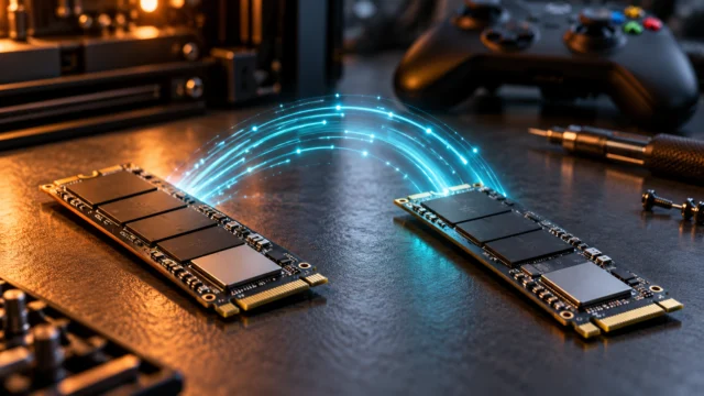 Ilustração de dois SSDs M.2 com um arco luminoso representando transferência de dados.