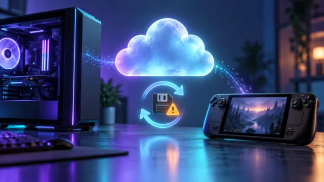Ilustração de nuvem conectando PC e portátil, com setas de sincronização e aviso sobre arquivo de save.
