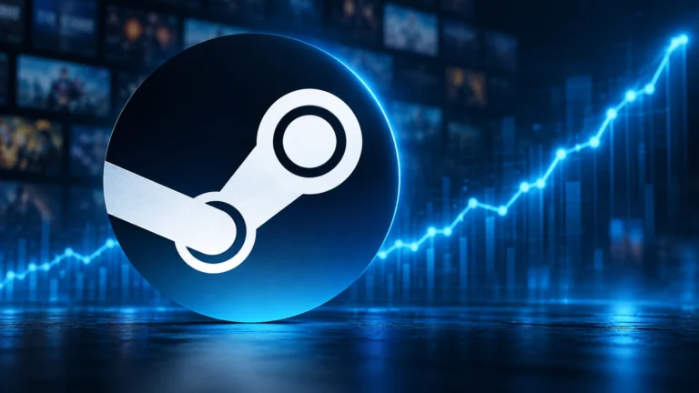 Composição editorial com o símbolo da Steam sobre fundo azul e gráfico ilustrativo de crescimento