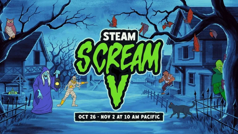 Arte do Steam Scream V com monstros em uma vila e as datas de 26 de outubro a 2 de novembro