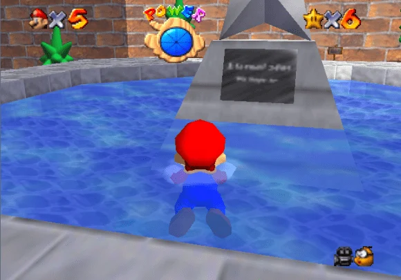 Mario observa a inscrição borrada na fonte com uma estrela no pátio do Castelo da Princesa Peach em Super Mario 64