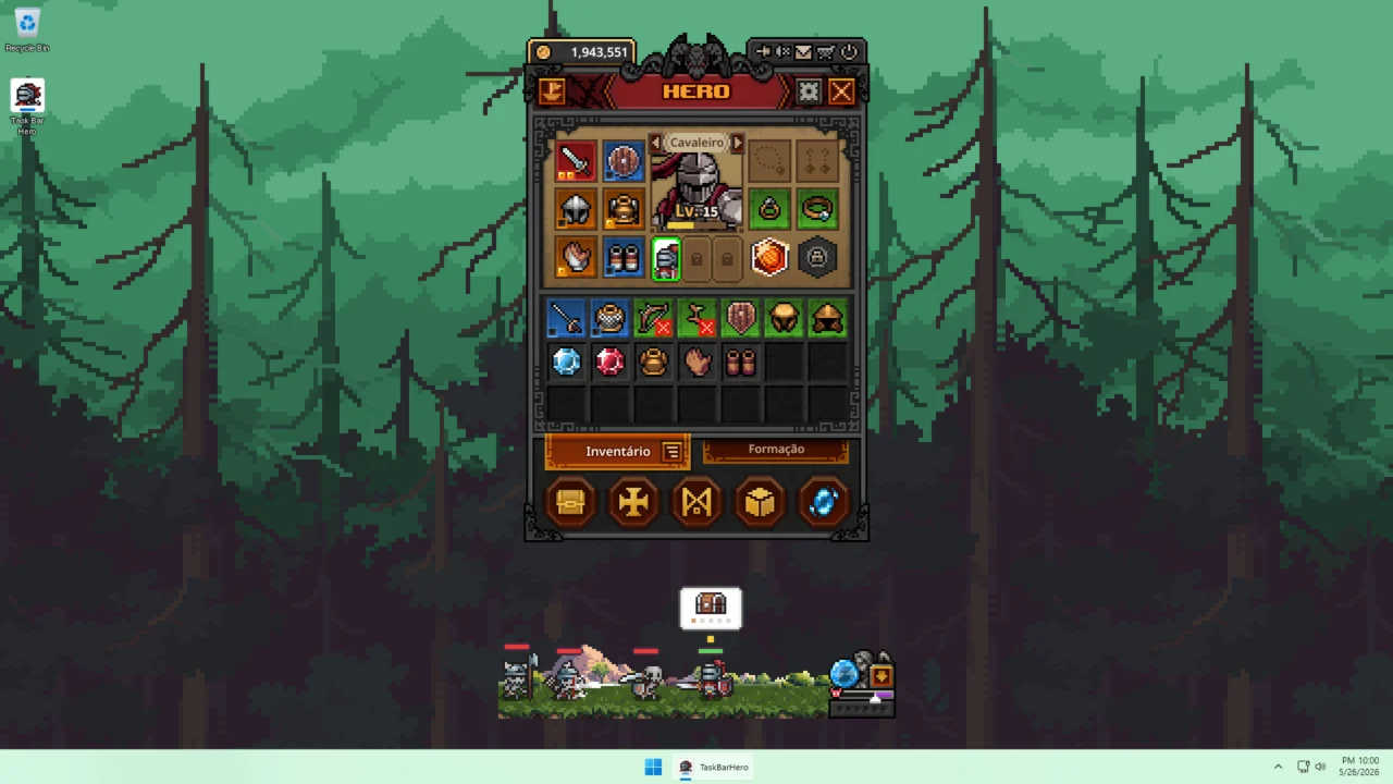 Interface de equipamentos de Task Bar Hero em uma área de trabalho do Windows