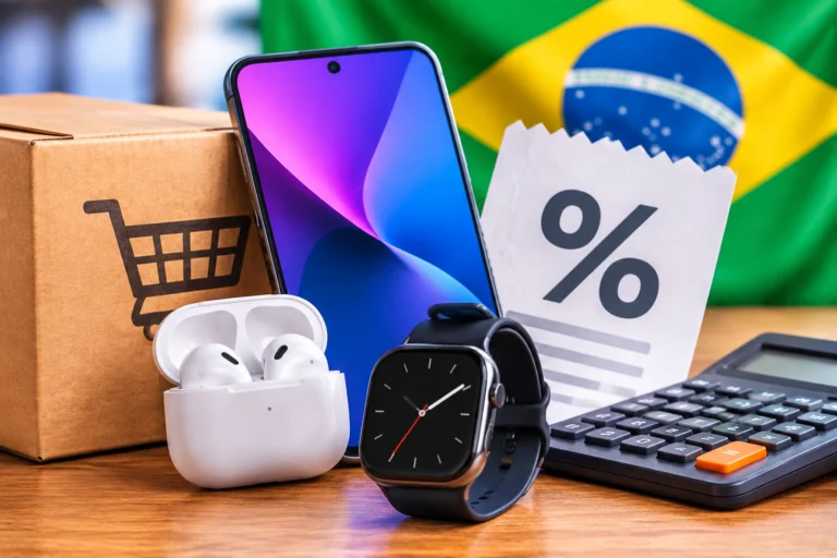 Imposto federal é zero nas compras elegíveis até US$ 50, mas o ICMS continua; veja simulações de fones, relógios, celulares e notebooks.
