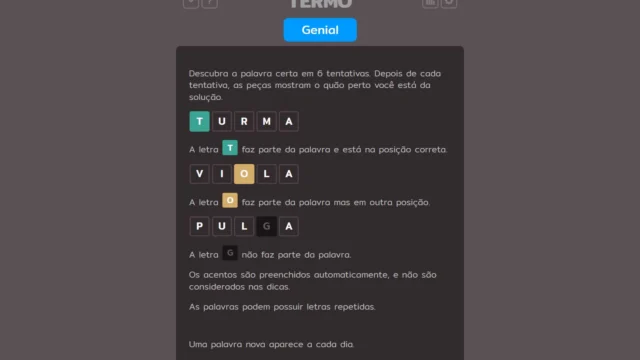 Tela de ajuda do Termo com exemplos das cores das letras e regras de adivinhação.
