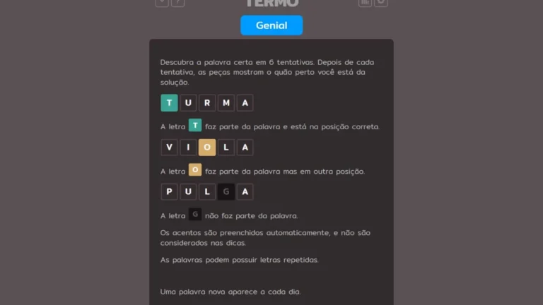 Tela de instruções do Termo com exemplos de letras verdes, amarelas e cinzas.