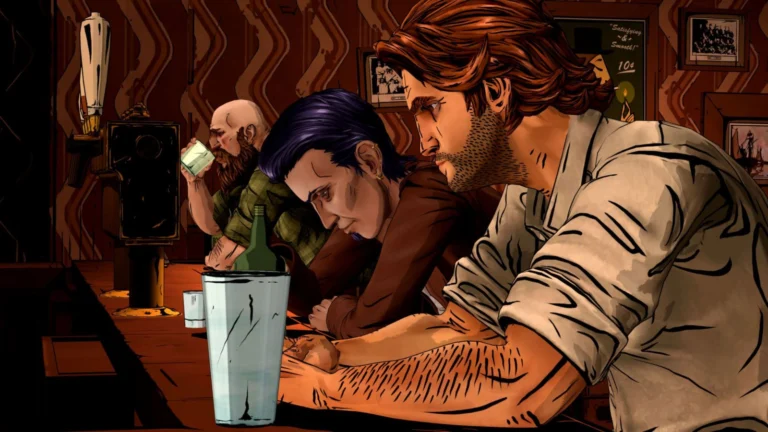Bigby Wolf sentado no balcão de um bar em The Wolf Among Us Remastered