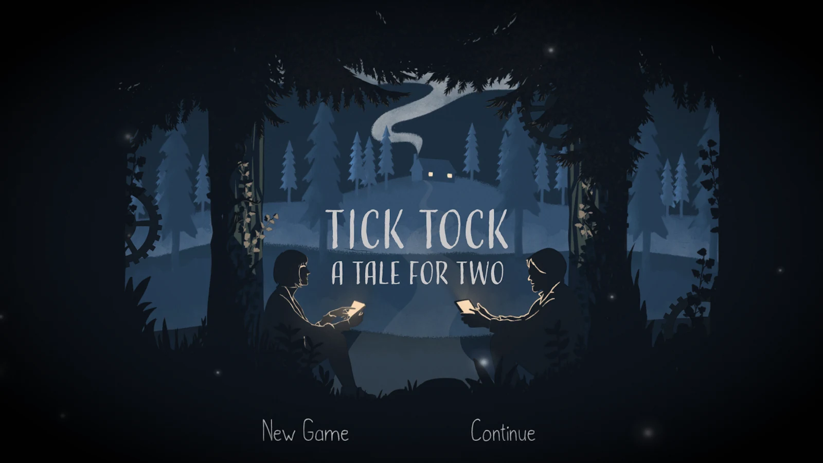Tela de abertura de Tick Tock A Tale for Two com árvores e relógios