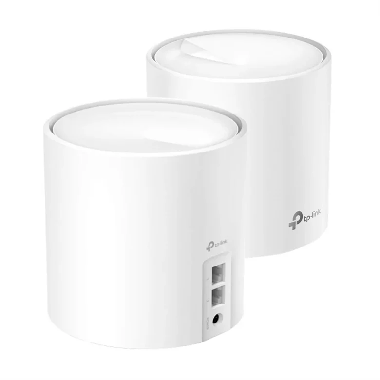 Dois módulos brancos de rede mesh TP-Link Deco X10 vistos de trás, mostrando portas Ethernet