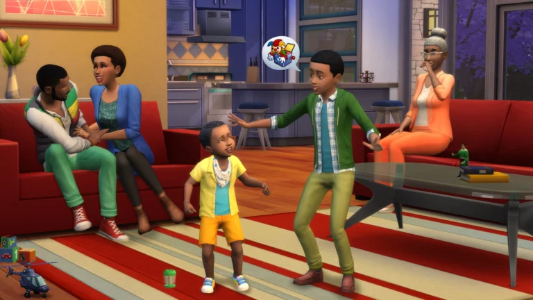 Família de Sims reunida na sala de estar em The Sims 4, cenário onde os códigos de dinheiro podem ser utilizados