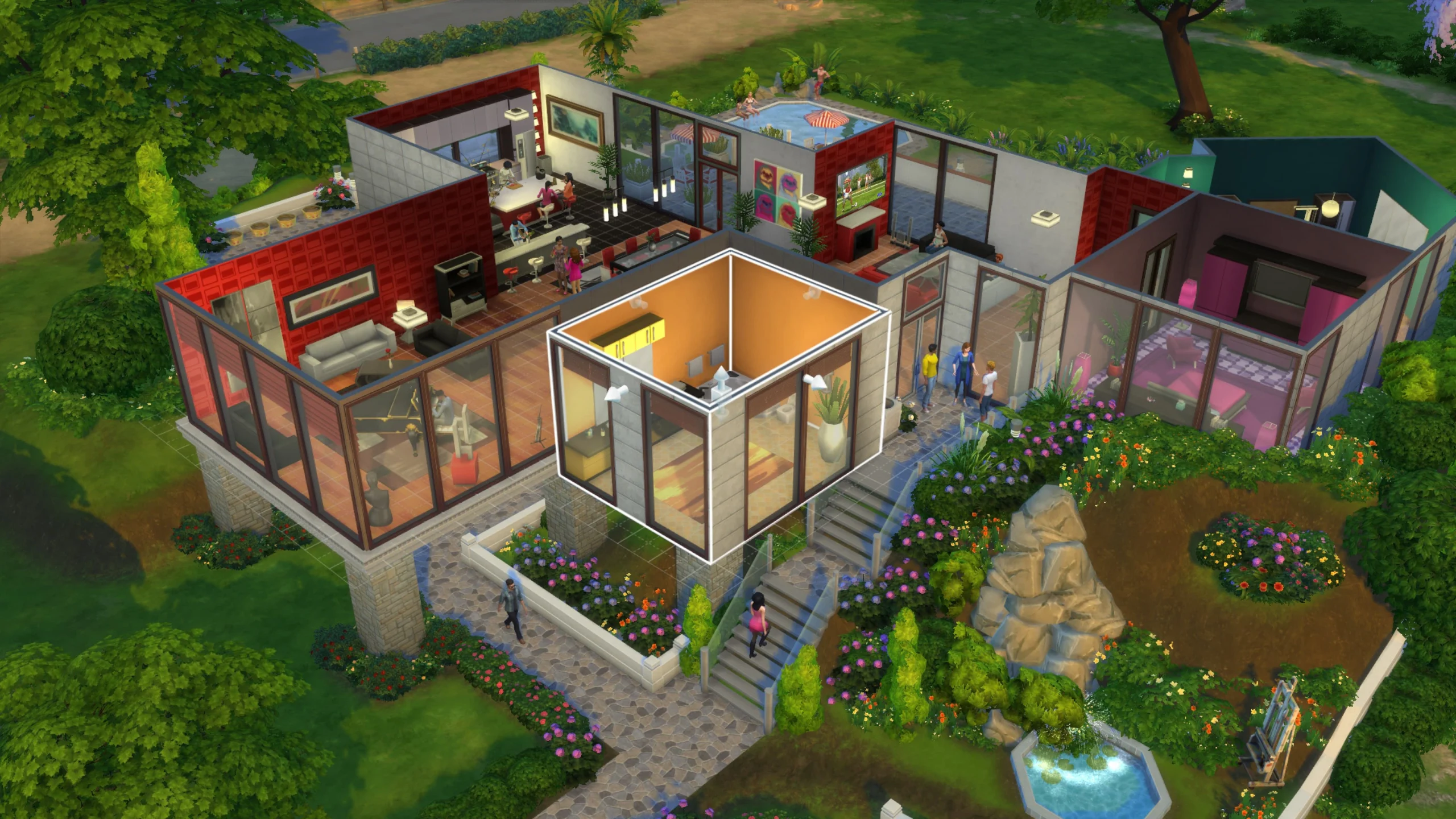 Casa grande de The Sims 4 vista de cima, com cômodos mobiliados e jardim, exemplo de construção que pode usar Simoleons extras