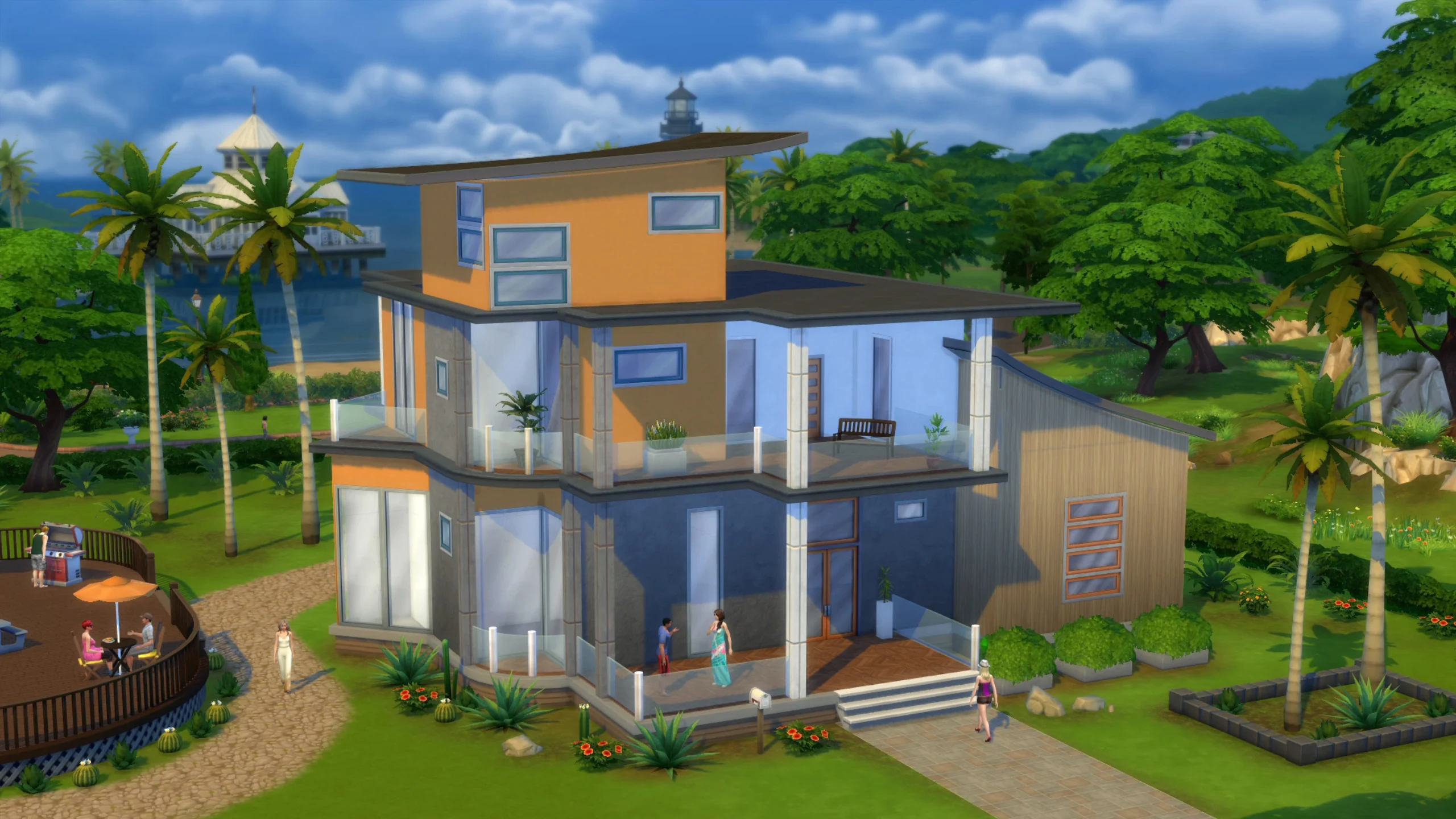 Casa moderna de três andares em The Sims 4, próxima ao mar e cercada por palmeiras, ilustrando os lotes que podem ser adquiridos com cheats