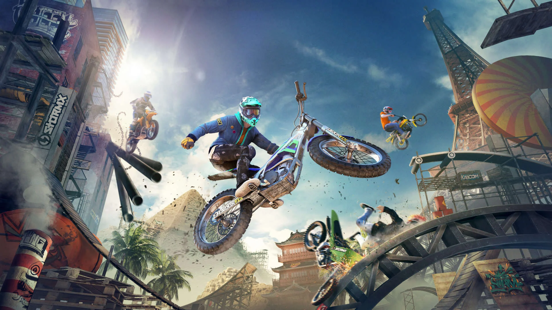 Motociclistas saltam sobre obstáculos em Trials Rising, jogo desenvolvido pela Ubisoft RedLynx