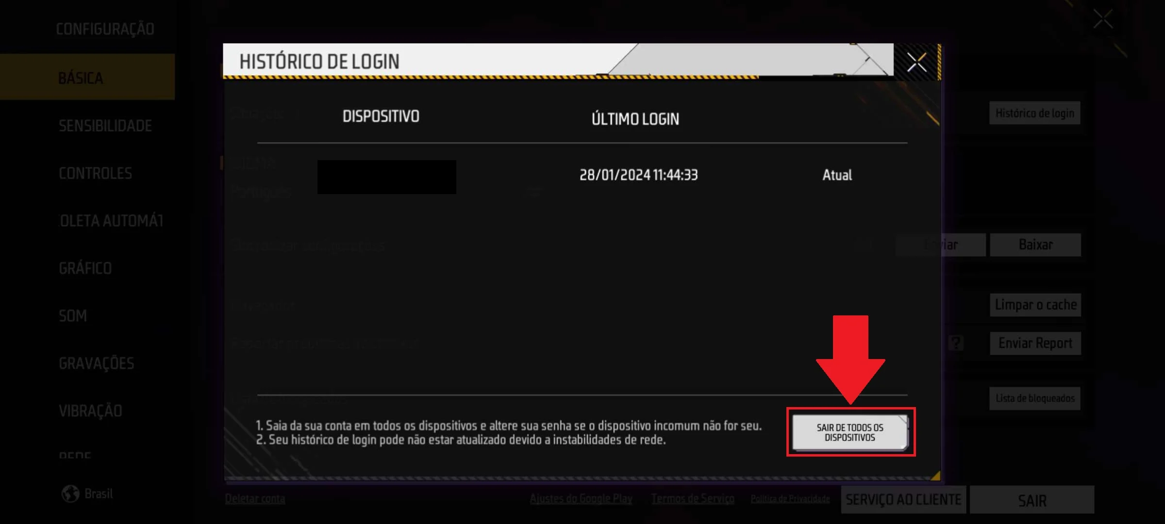 Tela de Histórico de Login do Free Fire indicando o botão Sair de todos os dispositivos