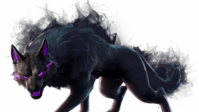 Uivo Sombrio, lobo de pelagem escura com olhos e garras roxos, em arte oficial do Fortnite
