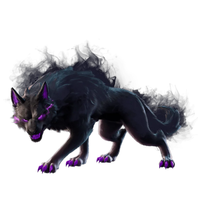 Uivo Sombrio, lobo de pelagem escura com olhos e garras roxos, em arte oficial do Fortnite