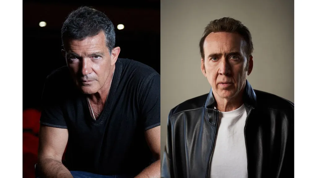Antonio Banderas à esquerda e Nicolas Cage à direita em retratos divulgados pela HBO para True Detective 5