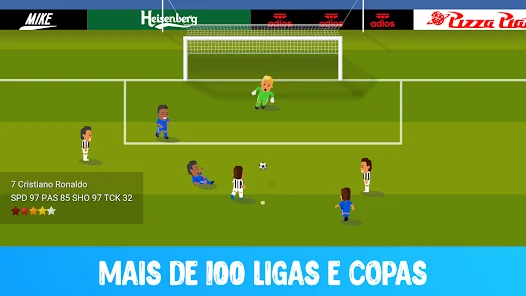 Jogabilidade de World Soccer Champs com jogadores cartunizados dentro da grande área
