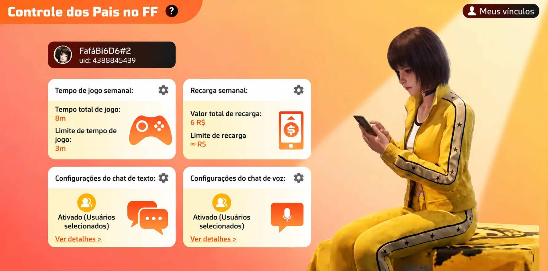 Imagem ilustrativa oficial do controle parental do Free Fire com limites de jogo, recarga e ajustes de chat