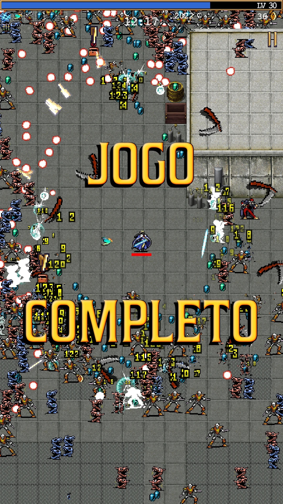 Imagem promocional de Vampire Survivors mostrando inimigos e ataques na versão mobile