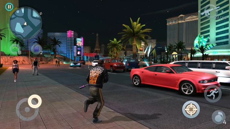 Personagem e carro esportivo em uma avenida de Gangstar Vegas