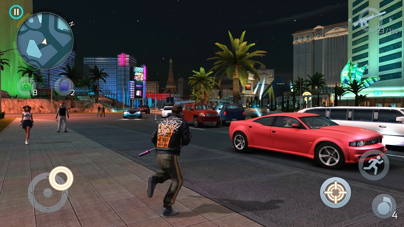 Personagem e carro esportivo em uma avenida de Gangstar Vegas