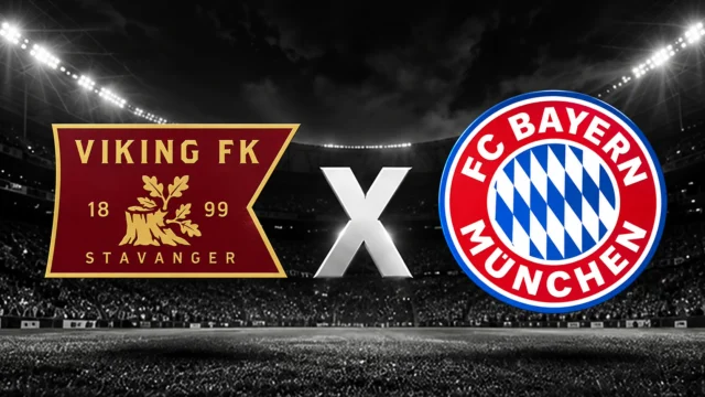 Escudos do Viking FK e do Bayern de Munique separados por um X em um estádio iluminado.