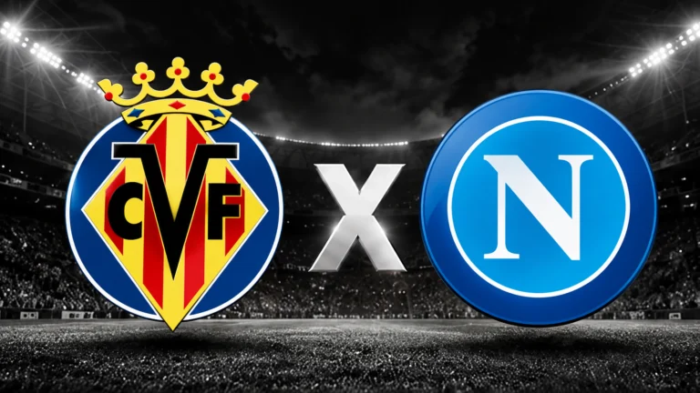 Escudos do Villarreal e do Napoli separados por um X diante de um estádio iluminado.