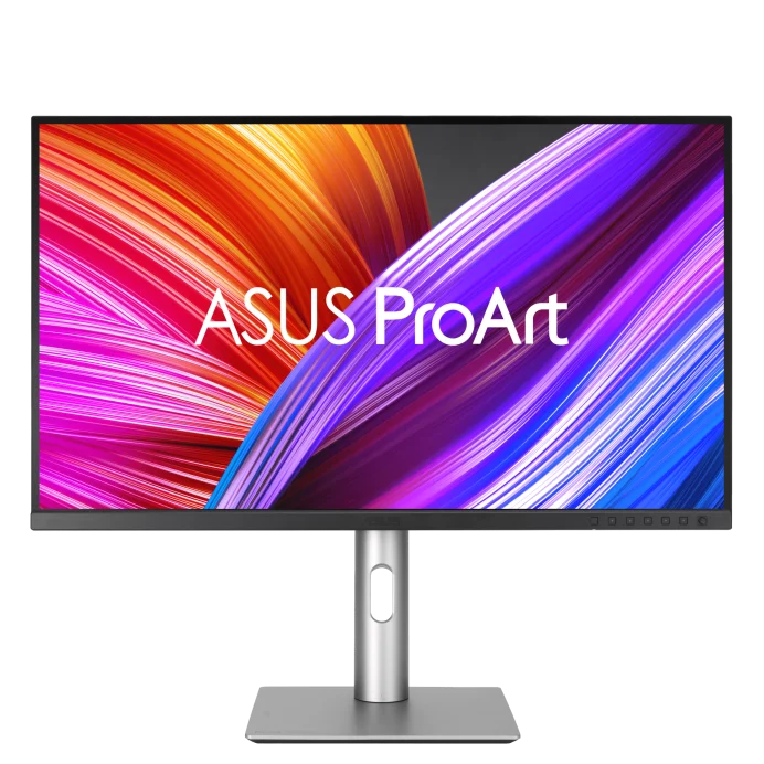 Monitor ASUS ProArt PA279CRV visto de frente, com base prateada e uma imagem colorida na tela
