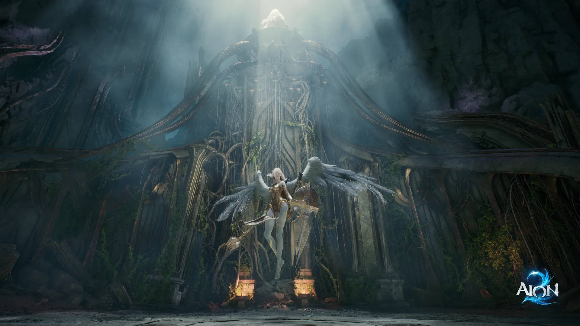 Personagem alada diante de uma construção monumental em uma imagem oficial de Aion 2