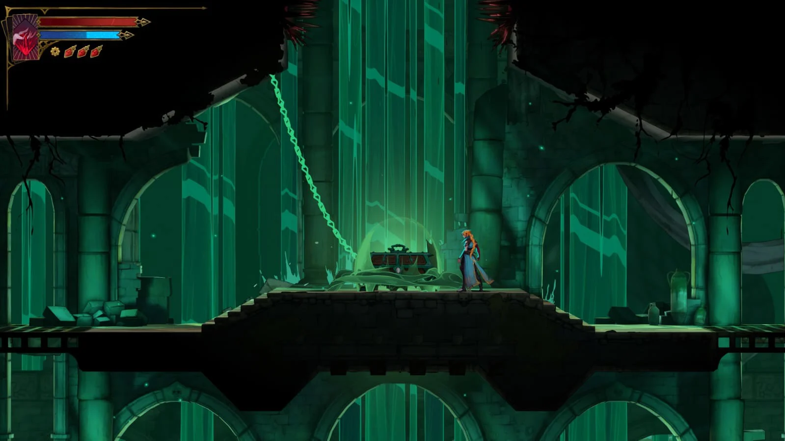 Rose Belmont diante de um baú em uma sala iluminada em verde