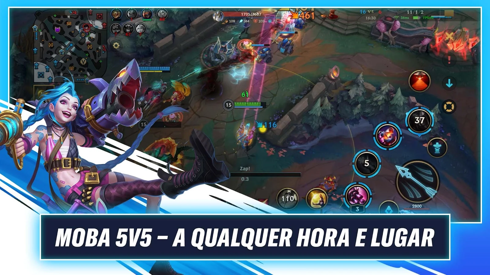 Imagem promocional de Wild Rift com campeões e combate em uma arena