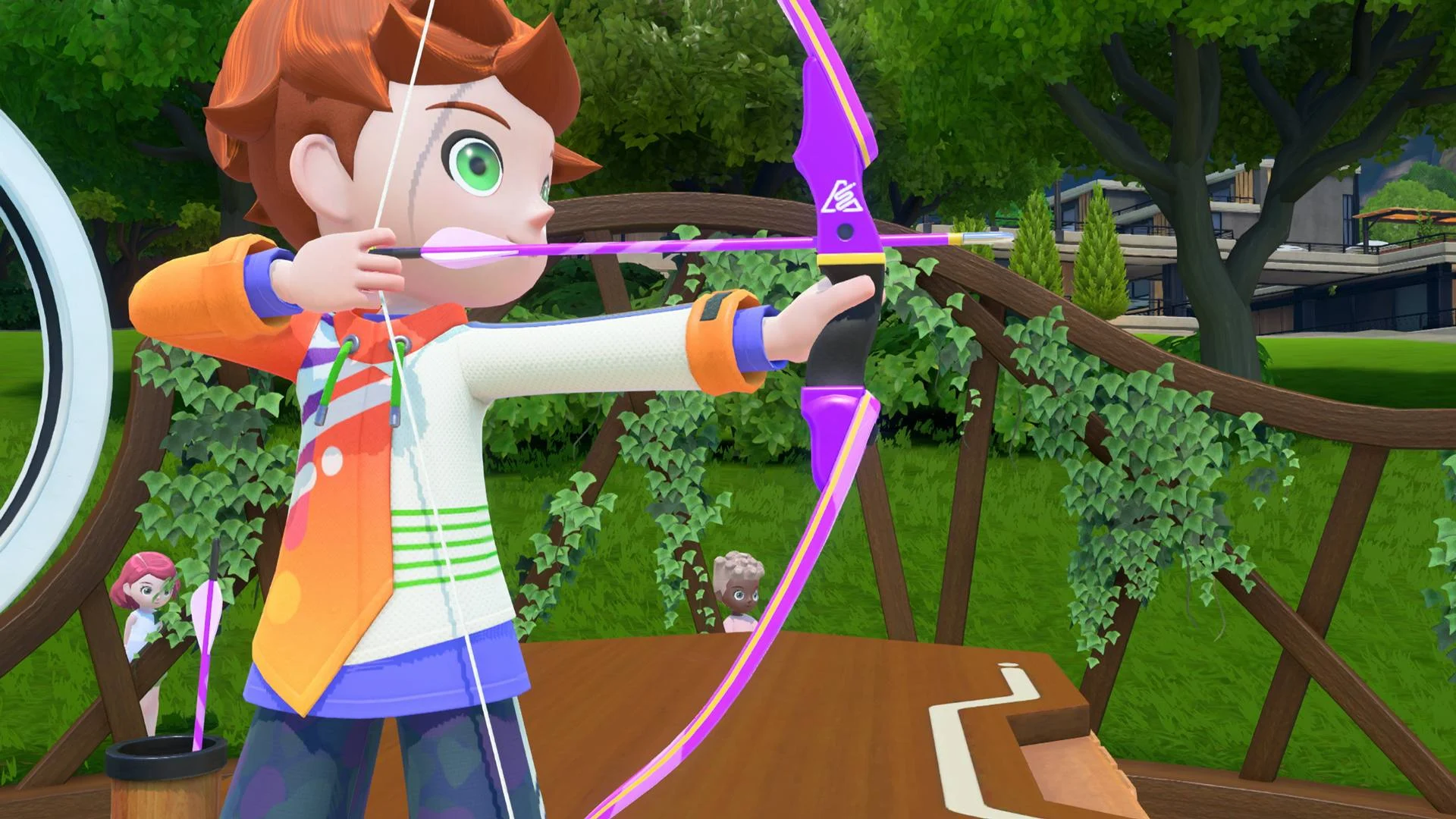 Personagem de Nintendo Switch Sports Resort mirando com arco e flecha em uma área verde da Ilha Wuhu