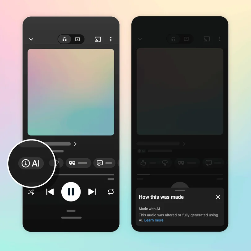 Duas telas do YouTube Music mostram um aviso de IA no reprodutor e o painel com informações sobre a faixa